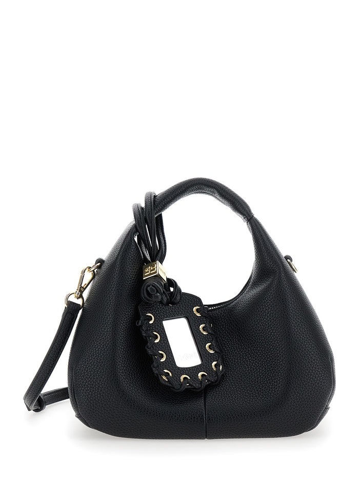 Black Handbag With Removable Shoulder Strap And Logo Pendant Ecoleather Woman Polyester Hand Bags