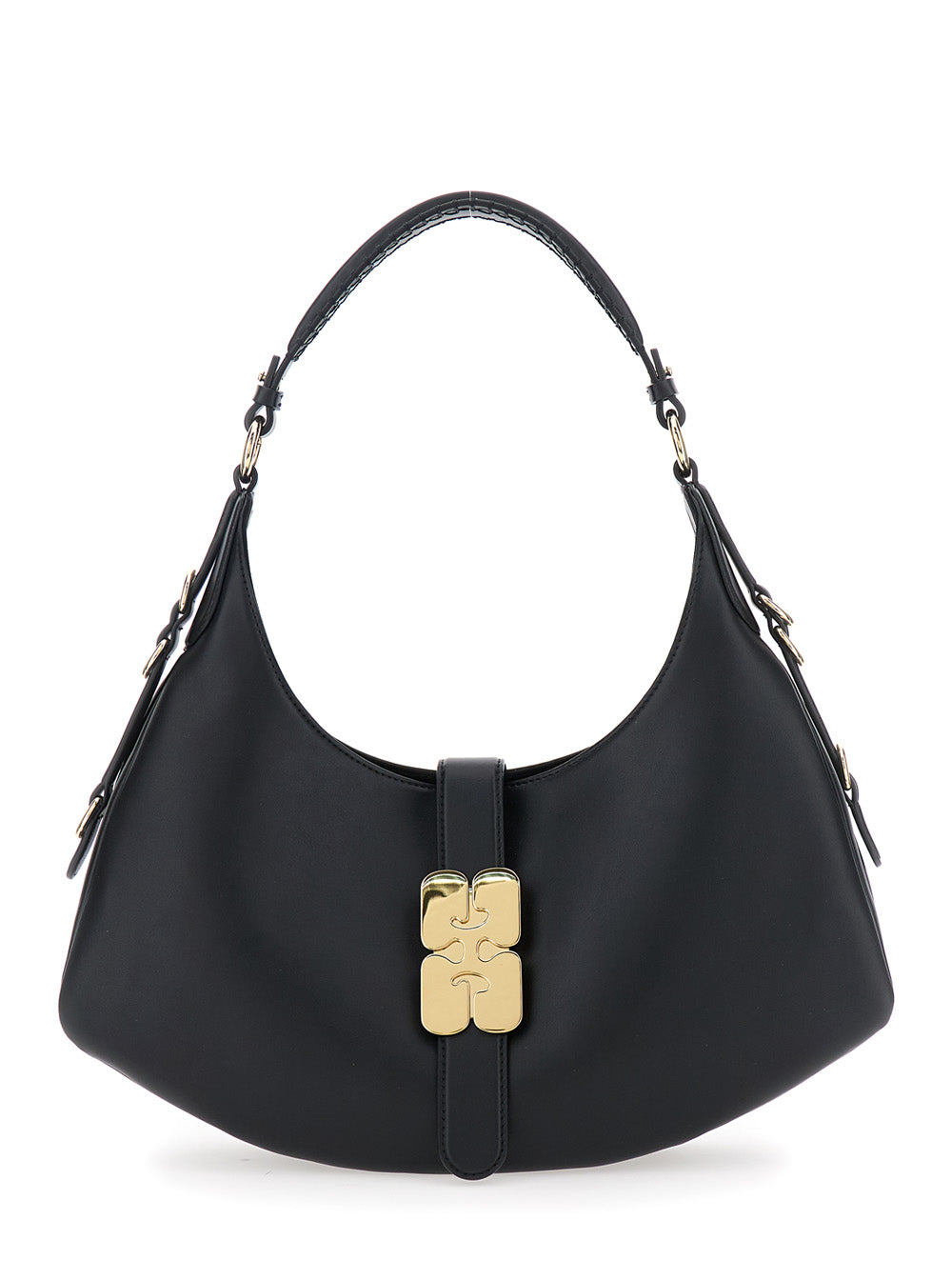 Kat Small Black Shoulder Bag With Adjustable Handle And Logo Plate On The Front Leather Women