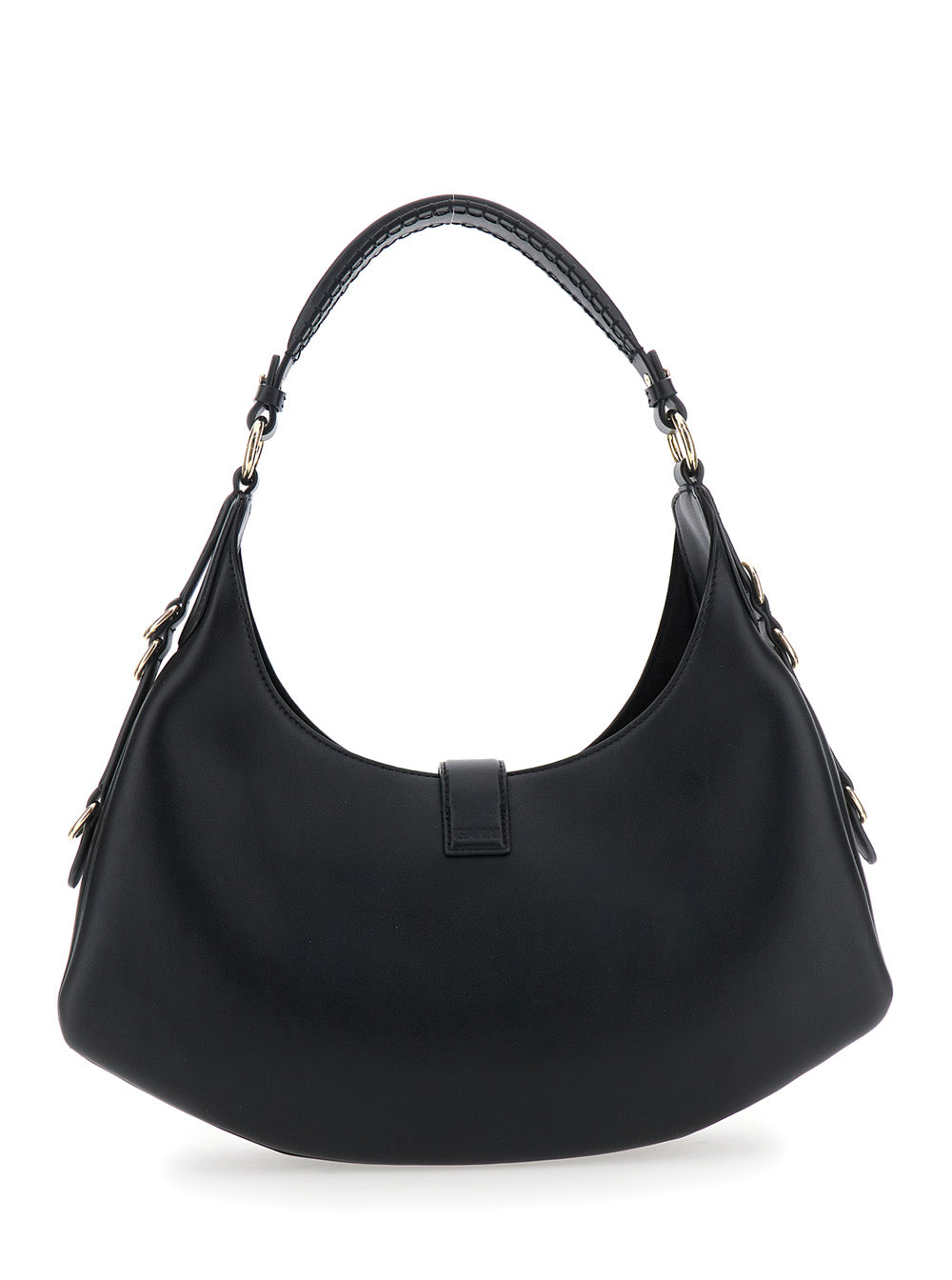 Kat Small Black Shoulder Bag With Adjustable Handle And Logo Plate On The Front Leather Women