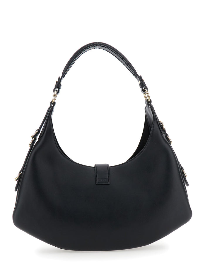 Kat Small Black Shoulder Bag With Adjustable Handle And Logo Plate On The Front Leather Women