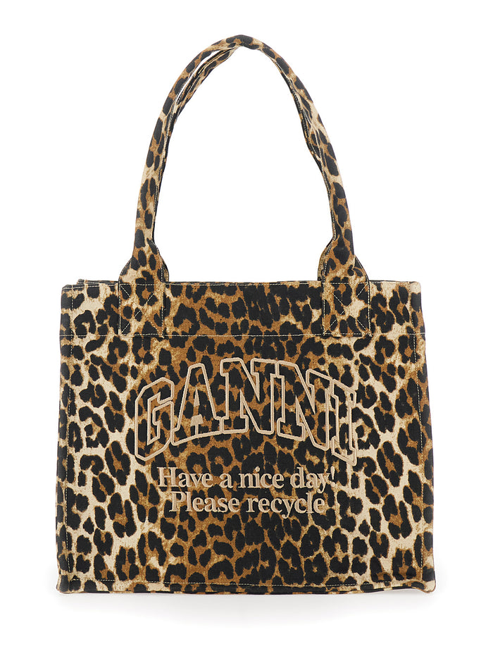 Brown Tote Bag with Graphic Print on the Front and All-Over Leopard Motif in Cotton Woman