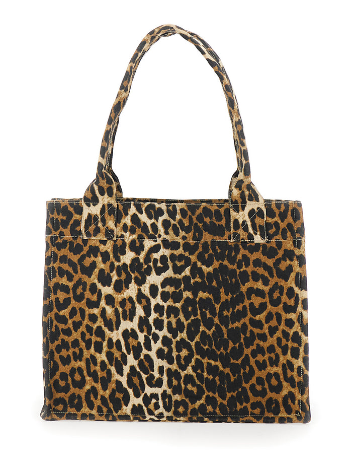 Brown Tote Bag with Graphic Print on the Front and All-Over Leopard Motif in Cotton Woman