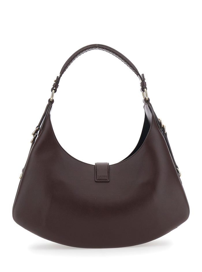 Kat Small Brown Shoulder Bag With Adjustable Handle And Logo Plate On The Front Leather Women