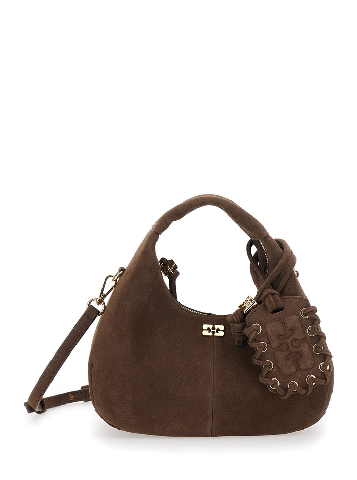 Handbag GANNI with Adjustable and Removable Shoulder Strap Suede Mirror on the Front Brown Women Hand Bags
