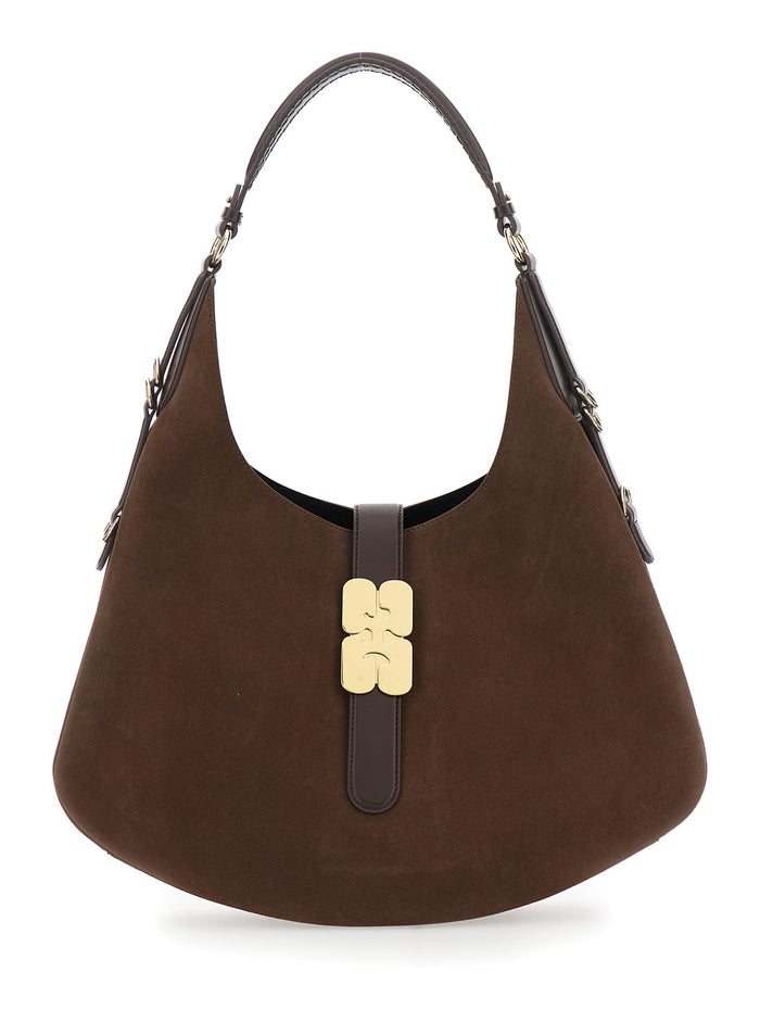 Kat Large Brown Shoulder Bag With Butterfly Plaque On Front Suede Women