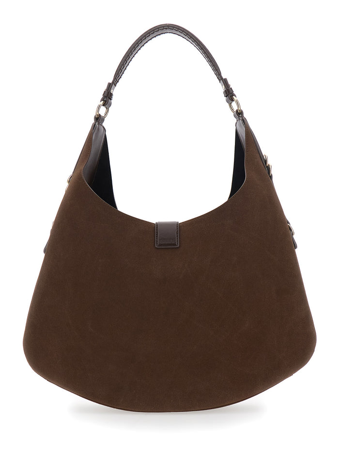 Kat Large Brown Shoulder Bag With Butterfly Plaque On Front Suede Women