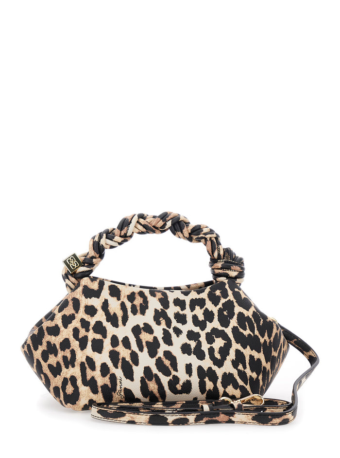 Small Bou Handbag with Woven Handle and All-Over Animalier Motif in Brown Fabric for Women Polyester Polyurethane Hand Bags