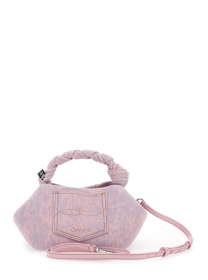 Bou Mini Handbag with Woven Handle and Adjustable Removable Strap in Pink Denim for Women Hand Bags