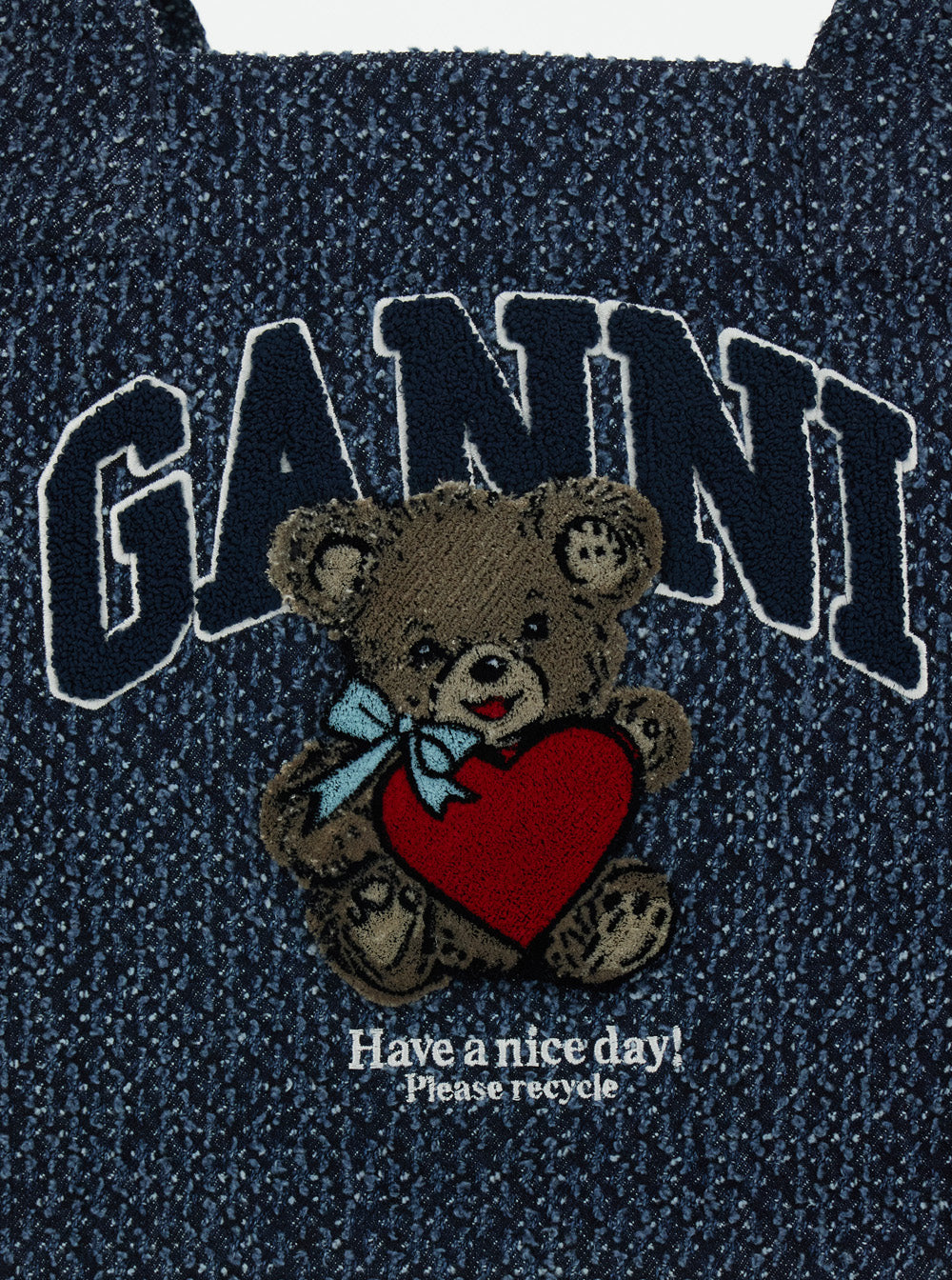 GANNI Blue Tote Bag with Lettering Logo and Teddy Bear on Front in Cotton for Women Blu