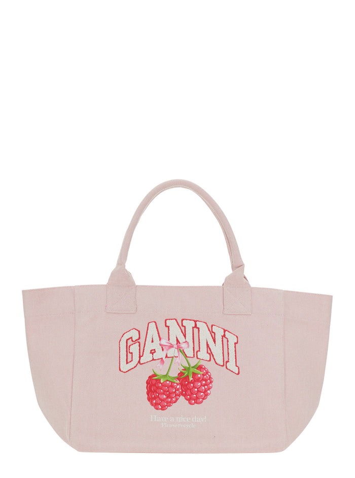 Trapeze Medium Pink Shopper With Logo Lettering And Print On The Front Cotton Women White Tote Bags