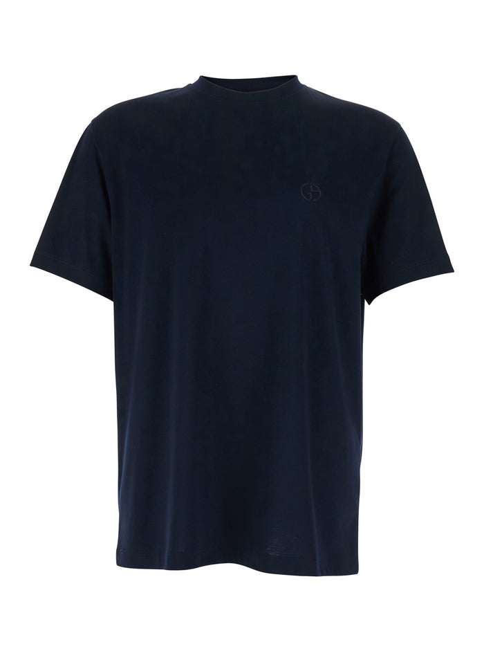 Blue Crew Neck T-shirt with Raised Collar in Cotton for Men Blu Tshirts And Polo Shirts