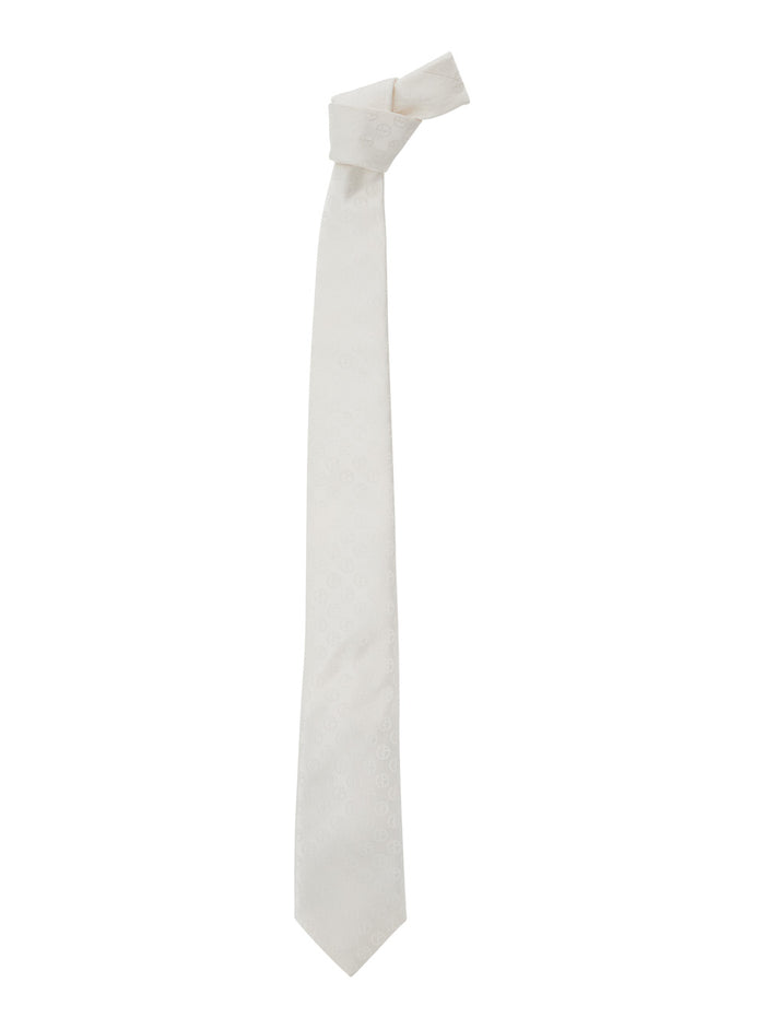 White Silk Tie with Tone-on-Tone All-Over Logo for Men Papillon And Ties