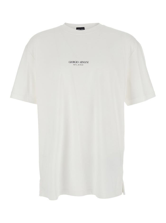 White Crew Neck T-Shirt with Logo Lettering on the Front in Cotton for Men Tshirts And Polo Shirts