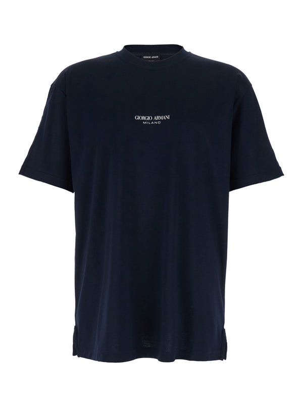 T-Shirt With Raised Collar, Blue Cotton T-shirts