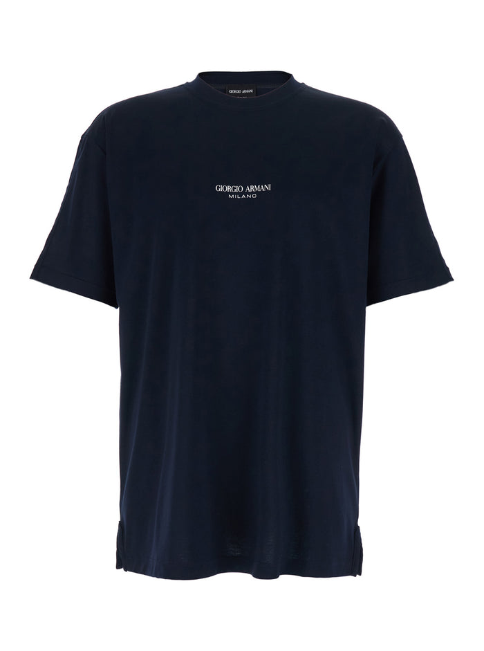 Blue T-Shirt with Raised Collar and Logo on the Front in Cotton Man Blu Tshirts Polo Shirts