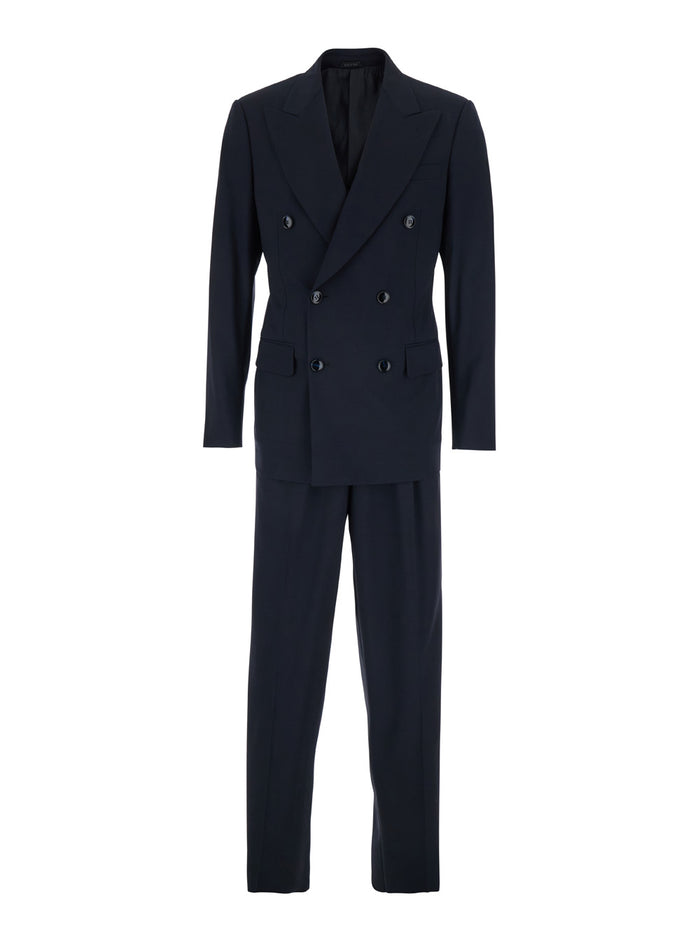 Blue Double-breasted suit with Peak revers and Two Pockets on the Front in Wool Man Blu Virgin Elastane Suits