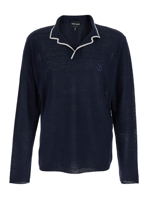 Sweater With Contrasting Collar, Blue Linen-Silk Tops