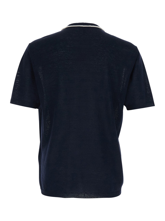 Blue Crew Neck T-shirt with Tone-on-Tone Logo on the Front in Linen and Silk Blend for Men Blu Jersey
