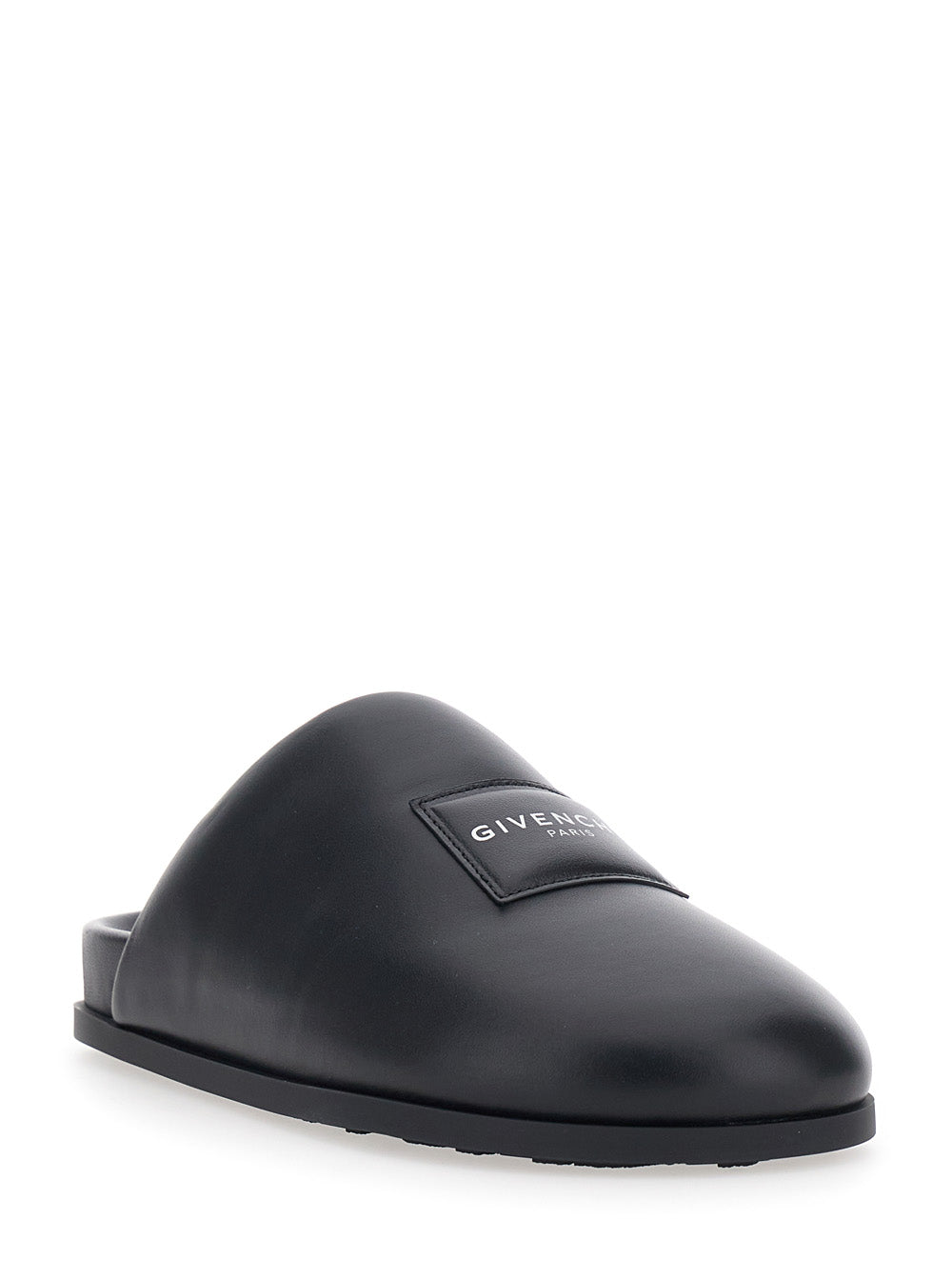 Black Mules with Asymmetrical Design and Padded Leather Logo Women Lamb Flat Shoes