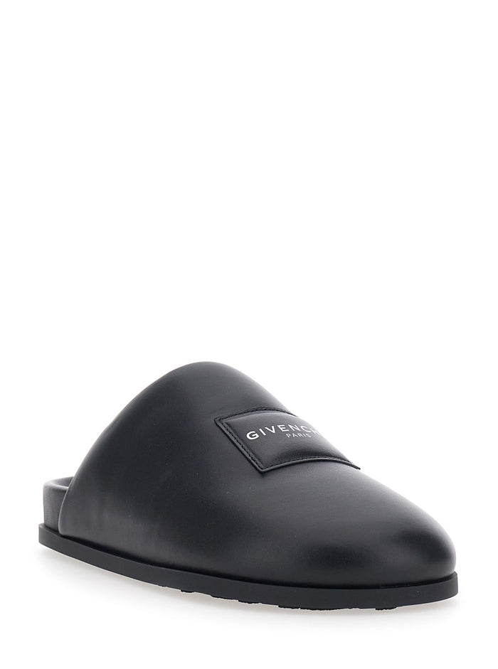 Black Mules with Asymmetrical Design and Padded Leather Logo Women Lamb Flat Shoes