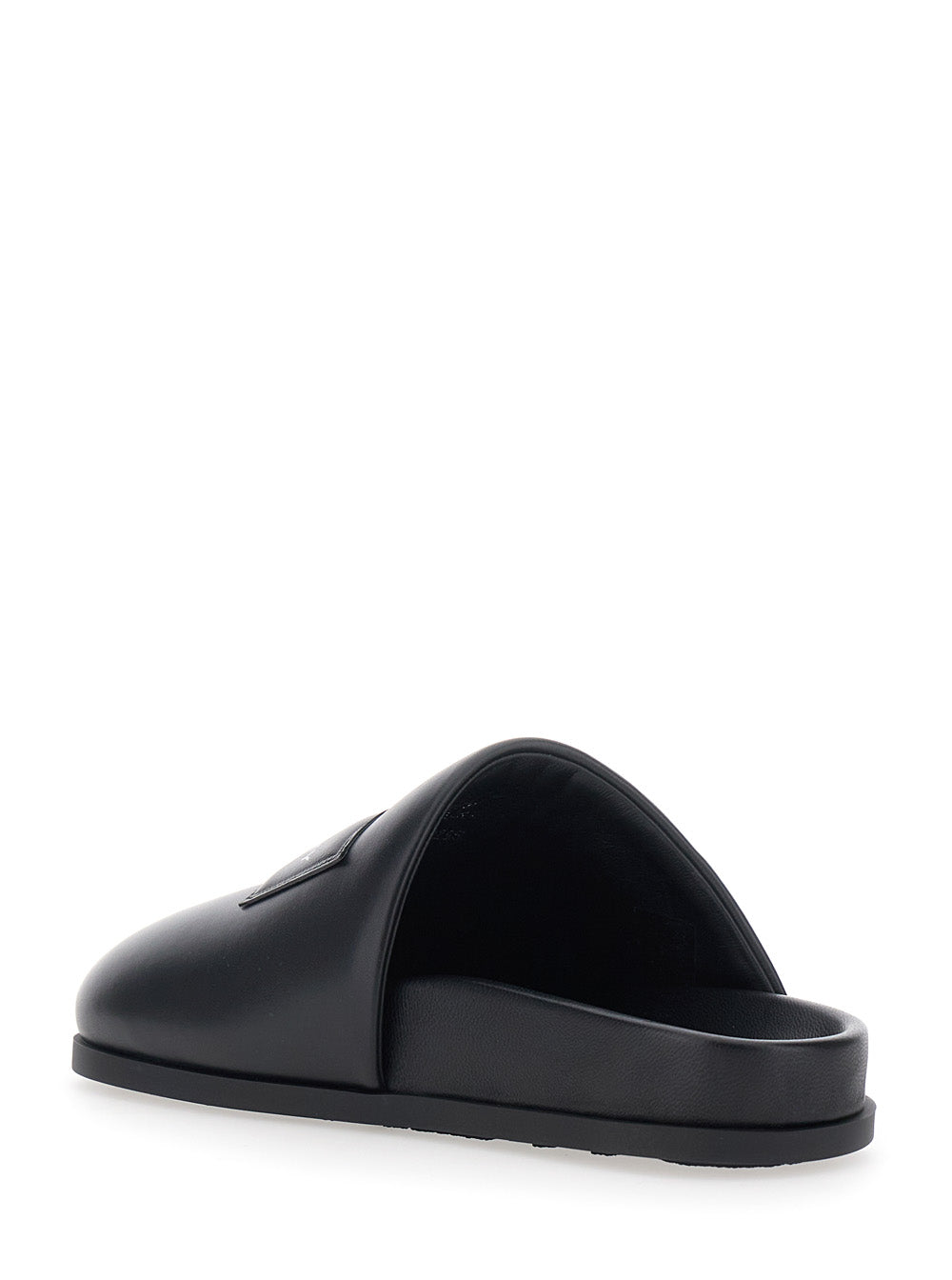 Black Mules with Asymmetrical Design and Padded Leather Logo Women Lamb Flat Shoes