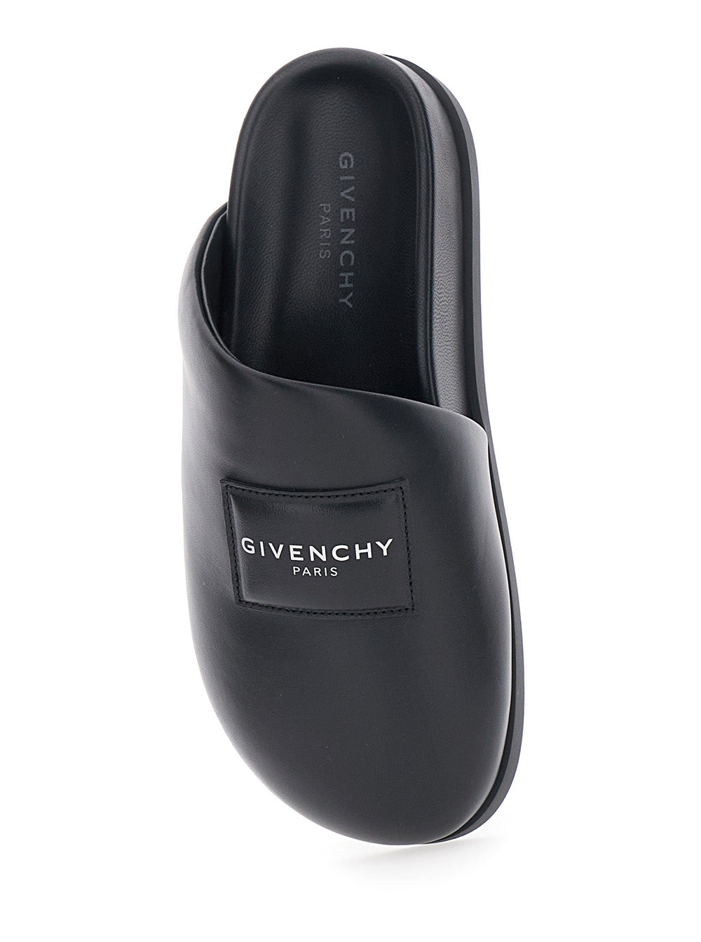 Black Mules with Asymmetrical Design and Padded Leather Logo Women Lamb Flat Shoes