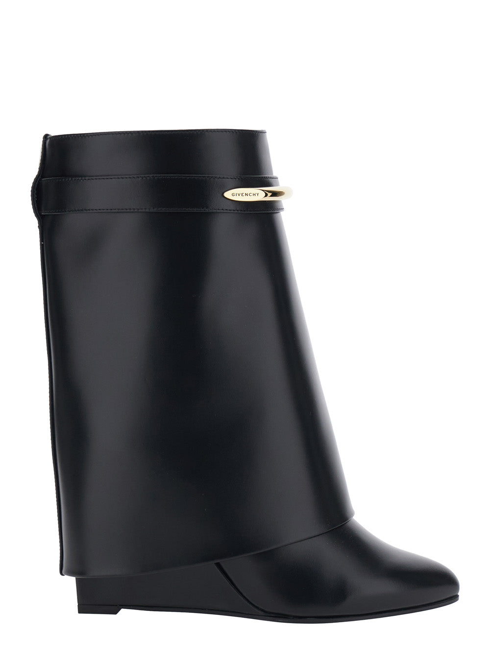 Black Wedge Heel Ankle Boots with Logo Plate on the Side in Leather for Women Calf