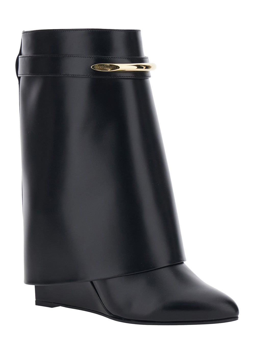 Black Wedge Heel Ankle Boots with Logo Plate on the Side in Leather for Women Calf