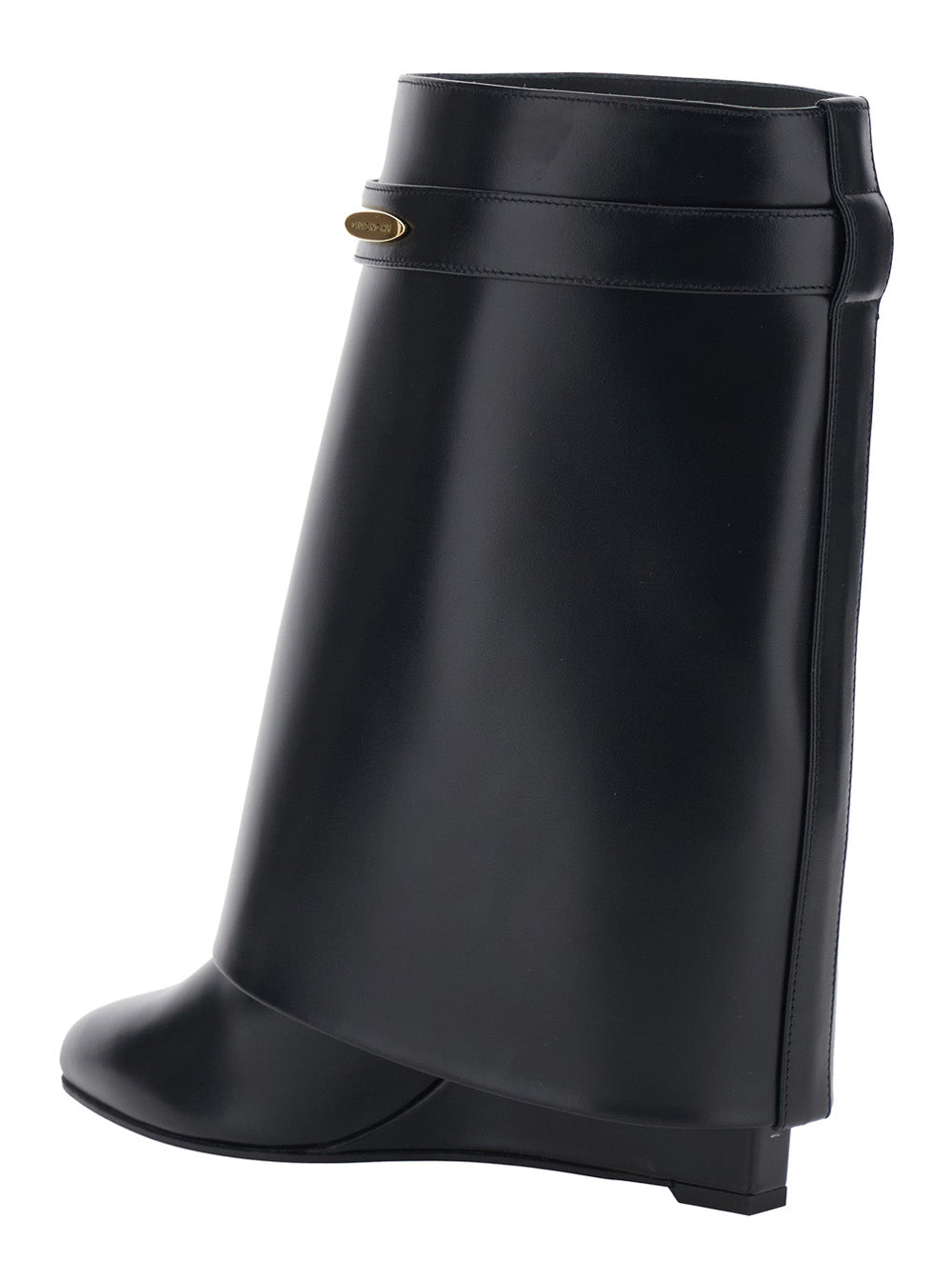 Black Wedge Heel Ankle Boots with Logo Plate on the Side in Leather for Women Calf