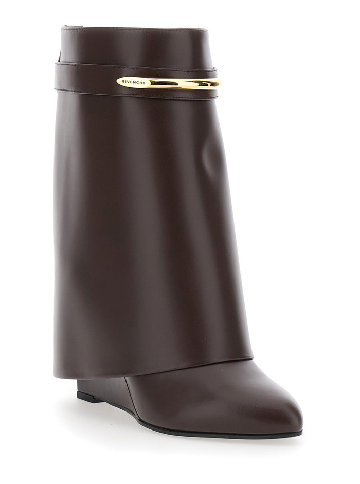 Brown Wedge Heel Ankle Boots with Logo Plate on the Side in Leather for Women Calf