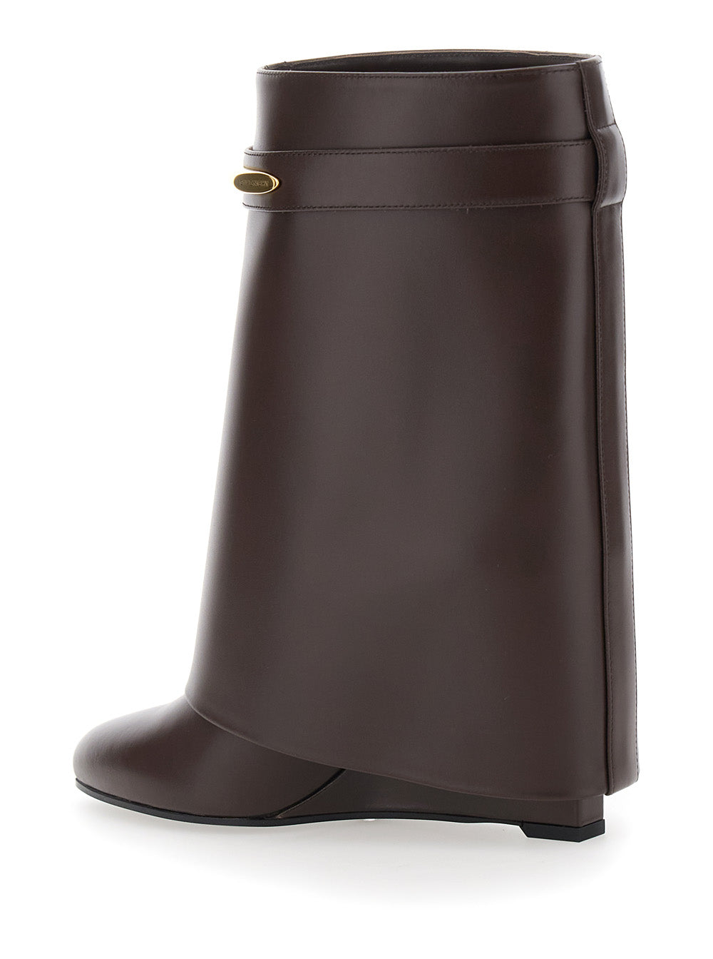 Brown Wedge Heel Ankle Boots with Logo Plate on the Side in Leather for Women Calf