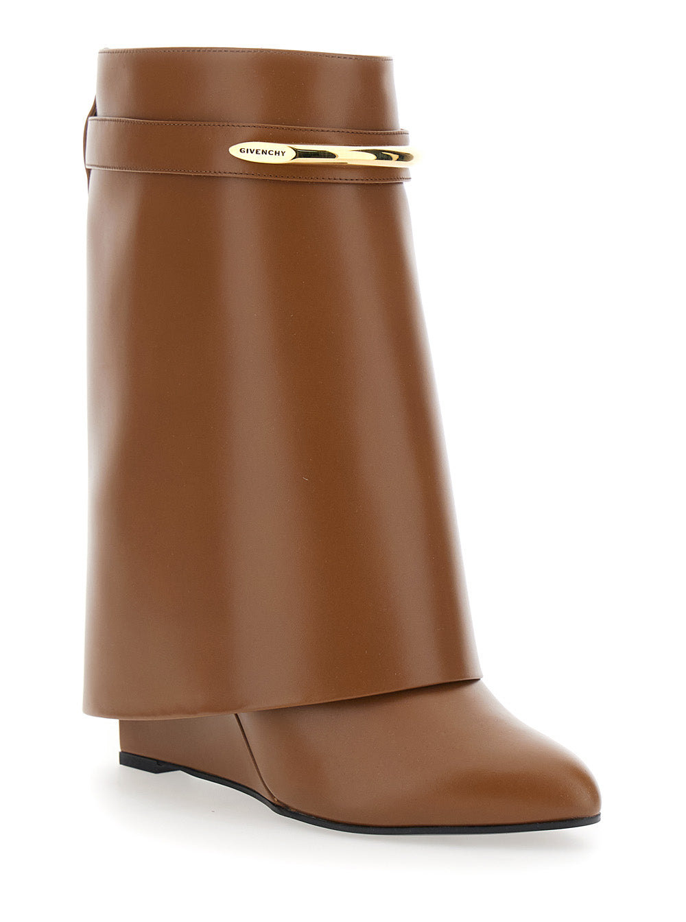 Wedge Heel Ankle Boots with Logo Plate on the Side in Brown Leather for Women Calf