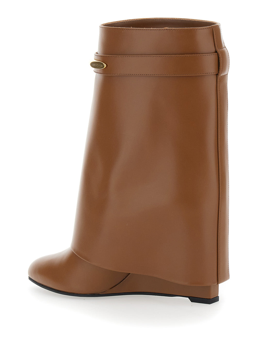 Wedge Heel Ankle Boots with Logo Plate on the Side in Brown Leather for Women Calf
