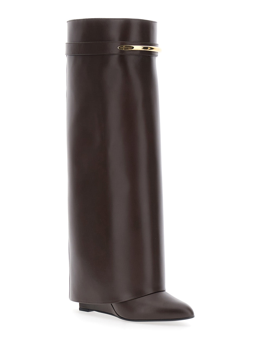 Pointed Toe High Wedge Heels with Logo Plate on the Front in Brown Leather for Women Calf Boot