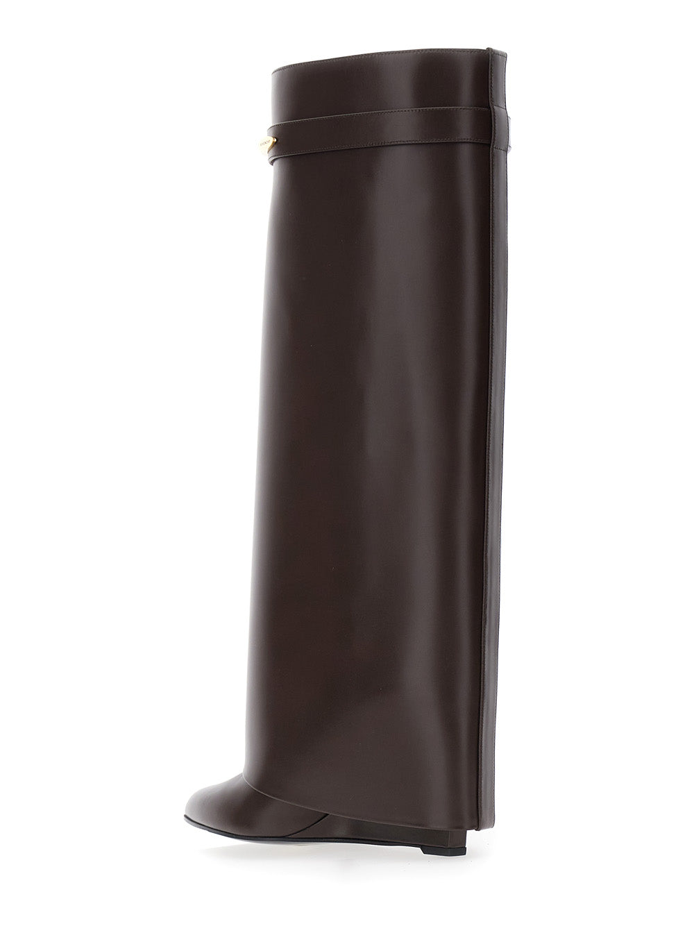 Pointed Toe High Wedge Heels with Logo Plate on the Front in Brown Leather for Women Calf Boot