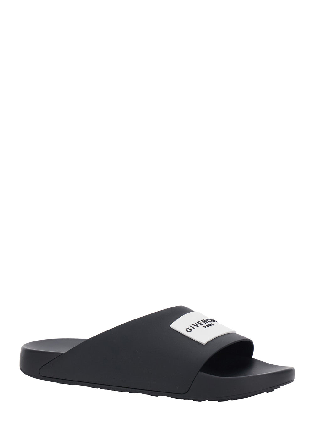 Mens Black Wide Band Sandals with Contrast Logo Patch Polyurethane Flat Shoes
