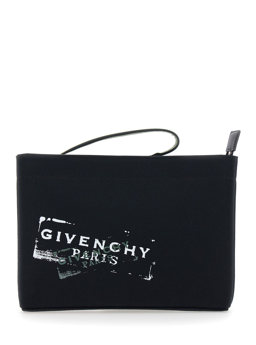 Black Pouch with Top Handle and Logo Print on Front in Cotton for Men Clutches Pochettes