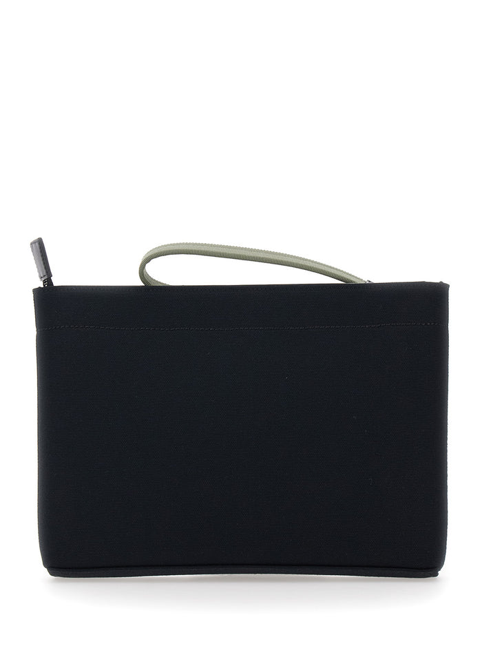 Black Pouch with Top Handle and Logo Print on Front in Cotton for Men Clutches Pochettes