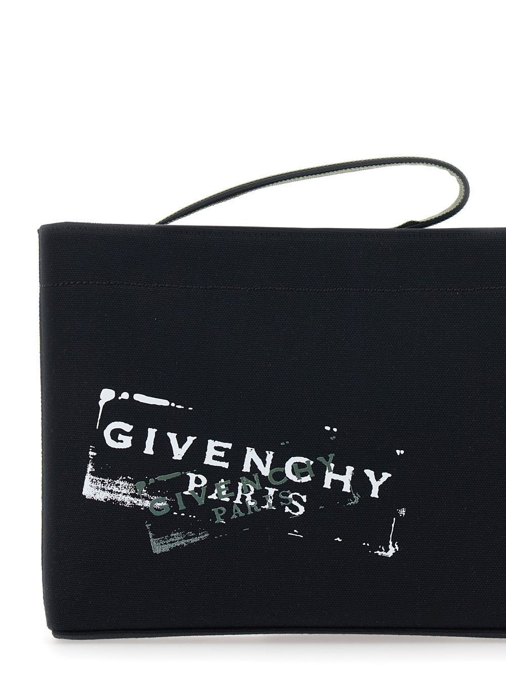 Black Pouch with Top Handle and Logo Print on Front in Cotton for Men Clutches Pochettes