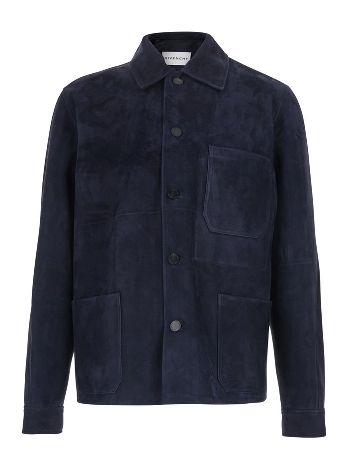 Blue Jacket with Classic Collar and Suede Front Pockets for Men Blu Sheep Outerwear