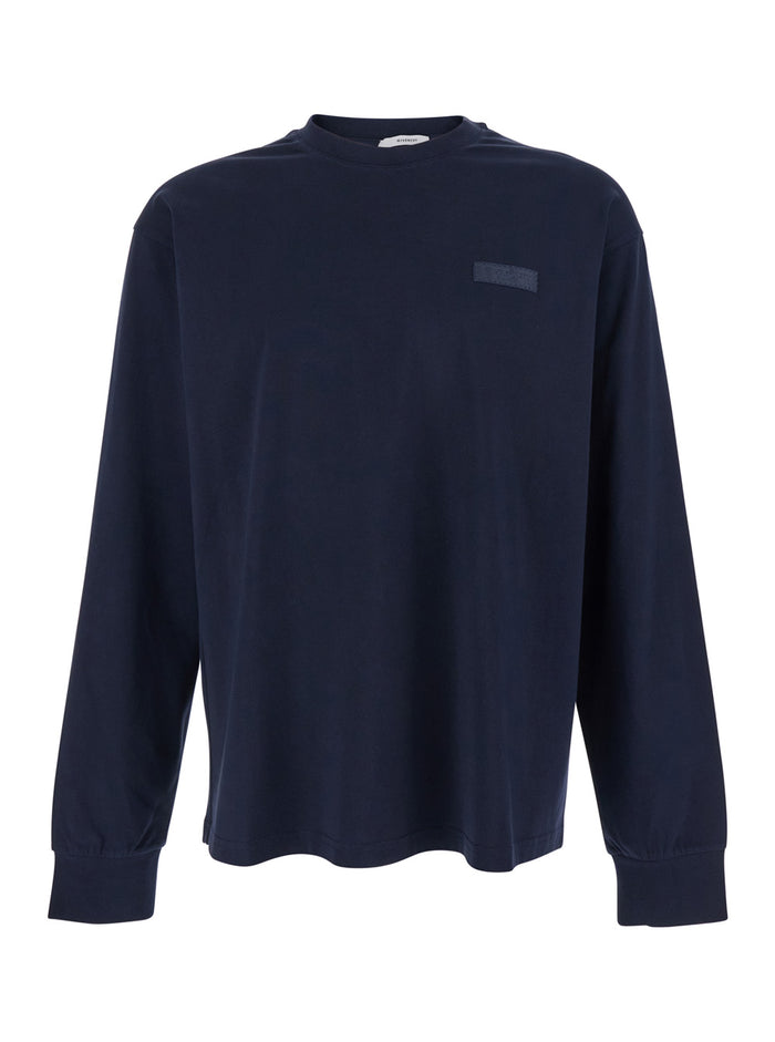 Blue Long-Sleeved T-Shirt with Logo Patch on the Chest in Cotton for Men Blu Tshirts And Polo Shirts