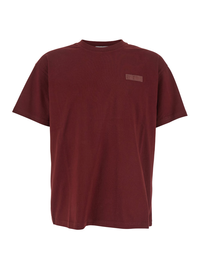 Bordeaux T-Shirt with Logo Patch on Chest for Men Cotton Tshirts And Polo Shirts