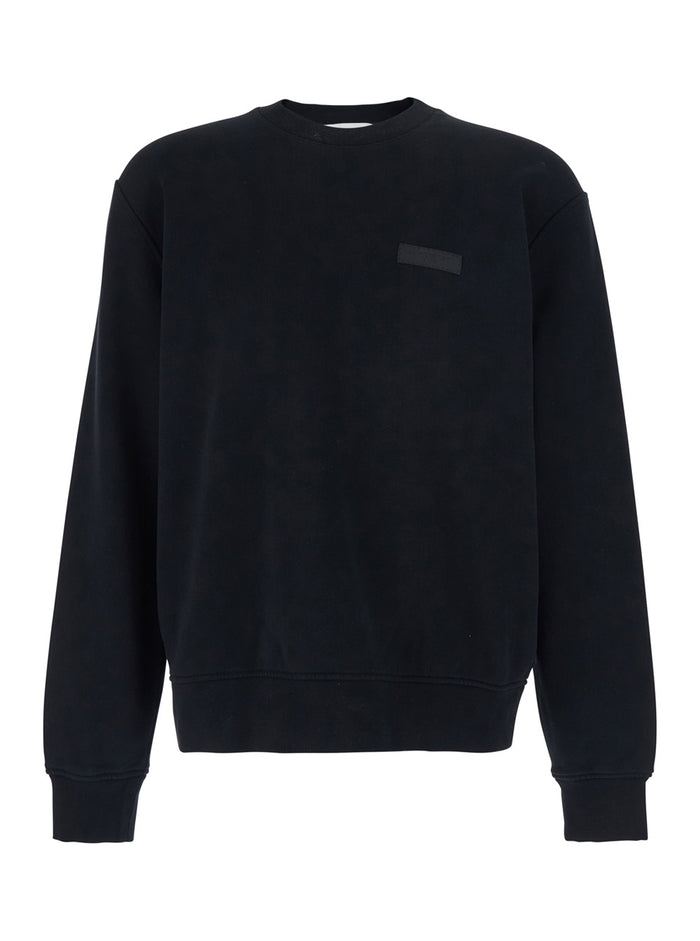 Black Crewneck Sweatshirt with Logo Patch on the Front in Cotton for Men Sweatshirts