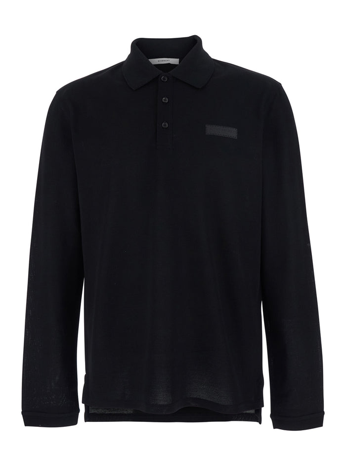 Black Long-Sleeved Polo Shirt with Logo Patch on Chest In Cotton for Men Tshirts And
