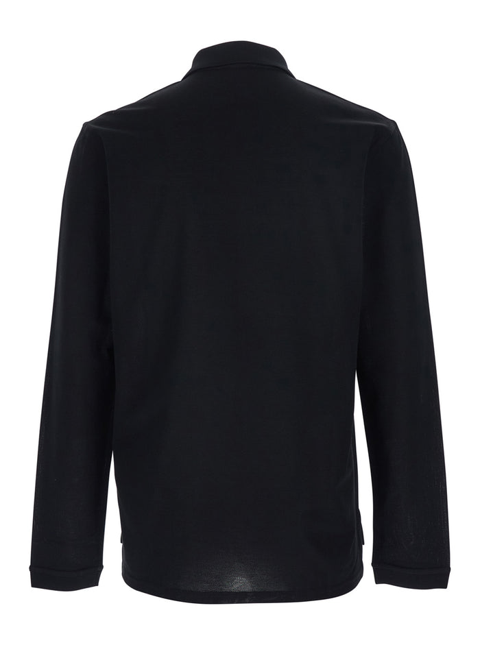Black Long-Sleeved Polo Shirt with Logo Patch on Chest In Cotton for Men Tshirts And