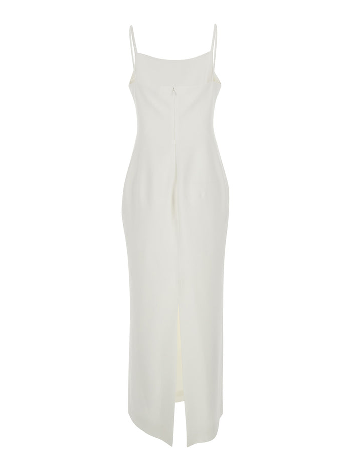 Long White Ivory Dress with Square Neckline and Single Vent at the Back in Viscose Blend for Women Acetate