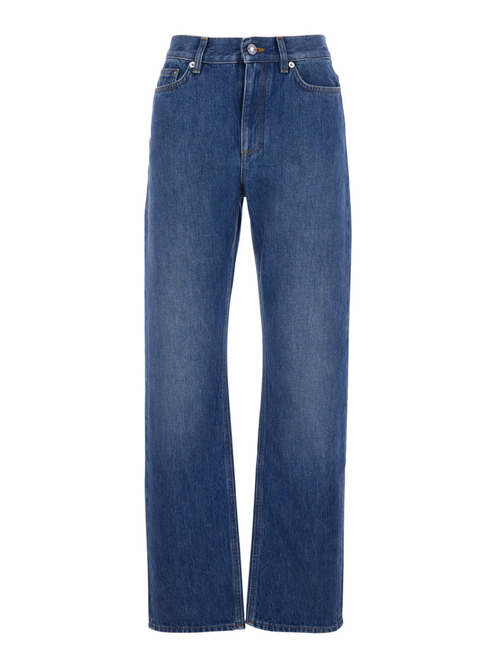Blue Five-Pocket Jeans with Belt Loops and Logo Patch on the Back in Denim For Women Blu Cotton