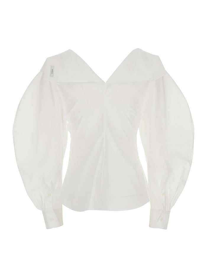 White Slashed Fitted Shirt With Asymmetric Details - Cotton Women And Blouses