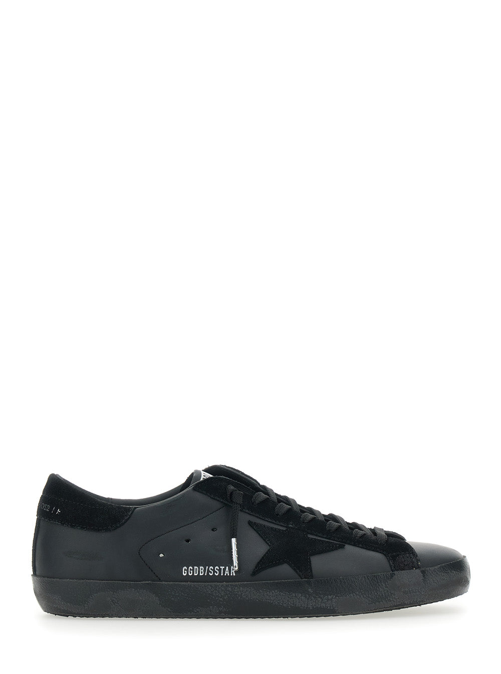 Mens Superstar Low Top Sneakers With Star Patch On The Side And Logo Tongue In Black Leather Cow