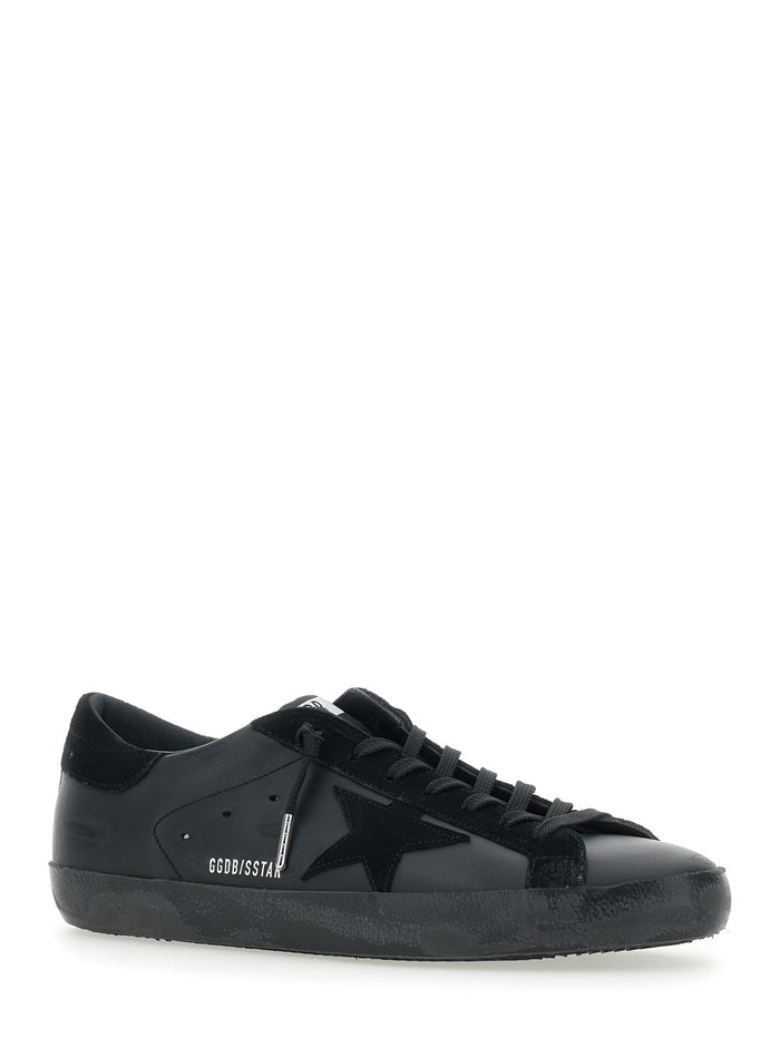 Mens Superstar Low Top Sneakers With Star Patch On The Side And Logo Tongue In Black Leather Cow